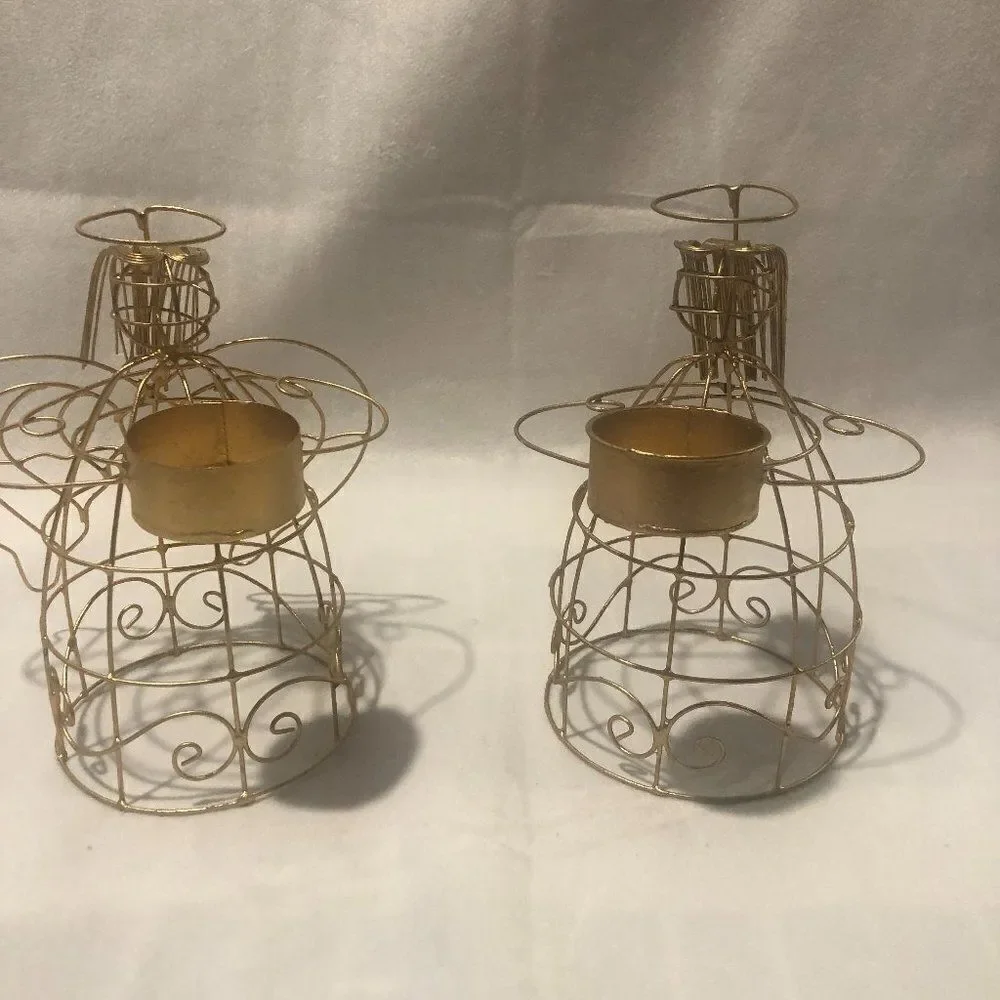 Gold Tone Metal Wire Angel Figurine Tea Light Candle Holders.         F1